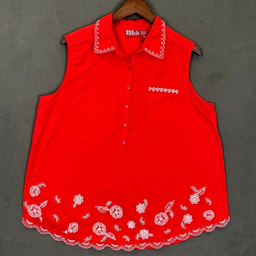 Red Ranch Shirt Women XXL Red Cotton Eyelet Floral Embroidered Sleeveless Top